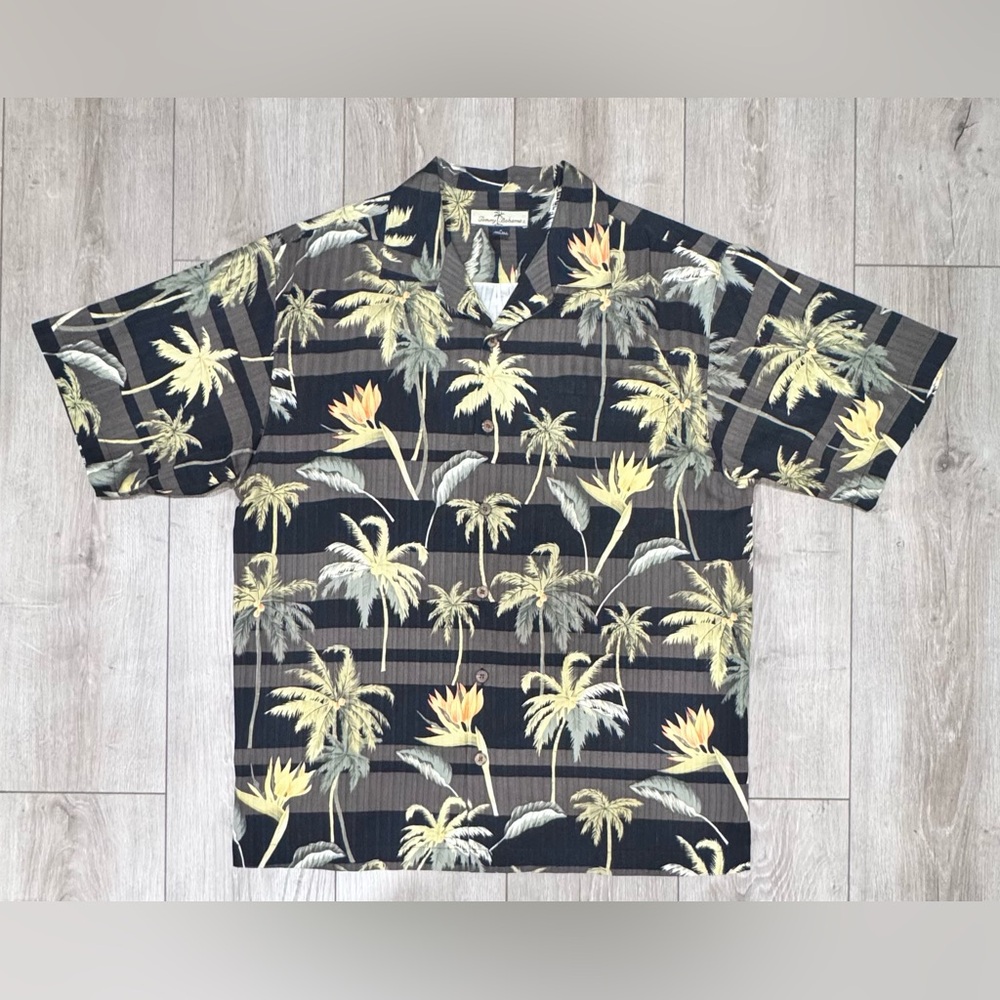 Tommy Bahama Black & Yellow Palm Tree Silk Shirt Size Medium